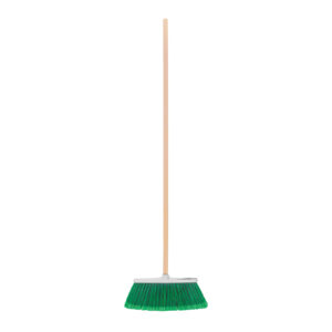 Escoba grande tipo cepillo, cerdas de PVC, bastón de madera
